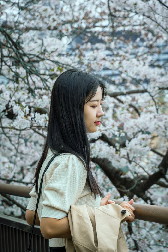 Asian woman enjoying the cherry blossoms in spring, standing peacefully outdoors.